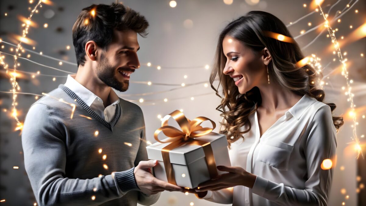 3d glowing abstract couple exchanging gifts digital setting with vibrant glowing ribbons bo 678821