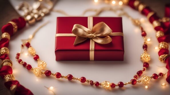 red gift box with golden ribbon christmas garland white background 188051